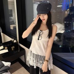 芭蕾風蕾絲拼接假兩件中長款吊帶背新款百搭修身顯瘦上衣
