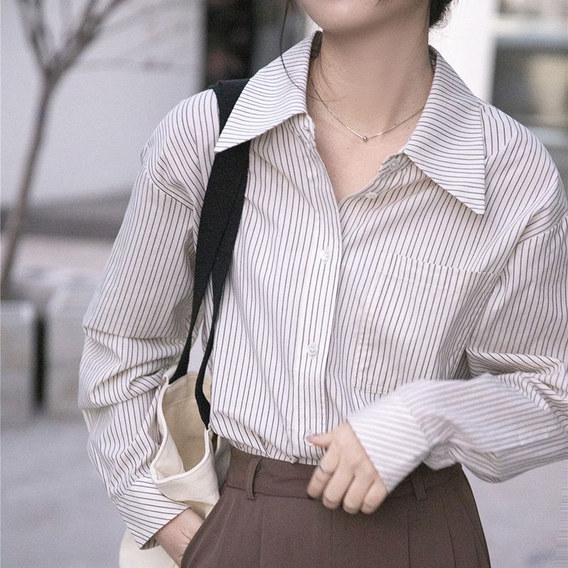 設計感寬鬆襯衣2025春季新款藍色條紋襯衫女長袖面試法式休閒上衣