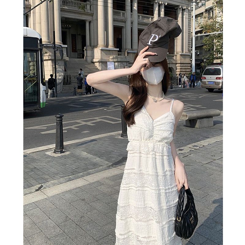 甜美風新中式蕾絲吊帶裙連衣裙女2025夏季計感高腰蛋糕裙長款裙子