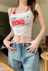 原版布料辣妹風吊帶背心女夏季字母印花修身顯瘦上衣