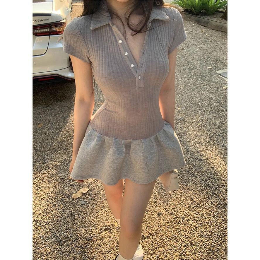 polo領短袖連衣裙女春季修身收腰短裙小個子顯瘦裙子