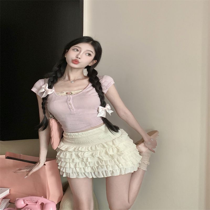 Ballet Wind Collarbone Top French Short Sleeve Women's Summer New Age Reducing Beautiful and Fashionable Small T-Shirt