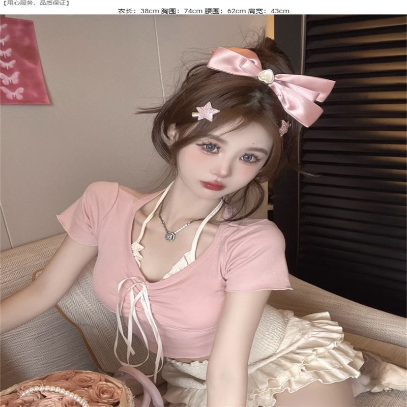 法式甜美假兩件短袖T恤女夏季純欲修身短款設計感木耳邊掛脖上衣