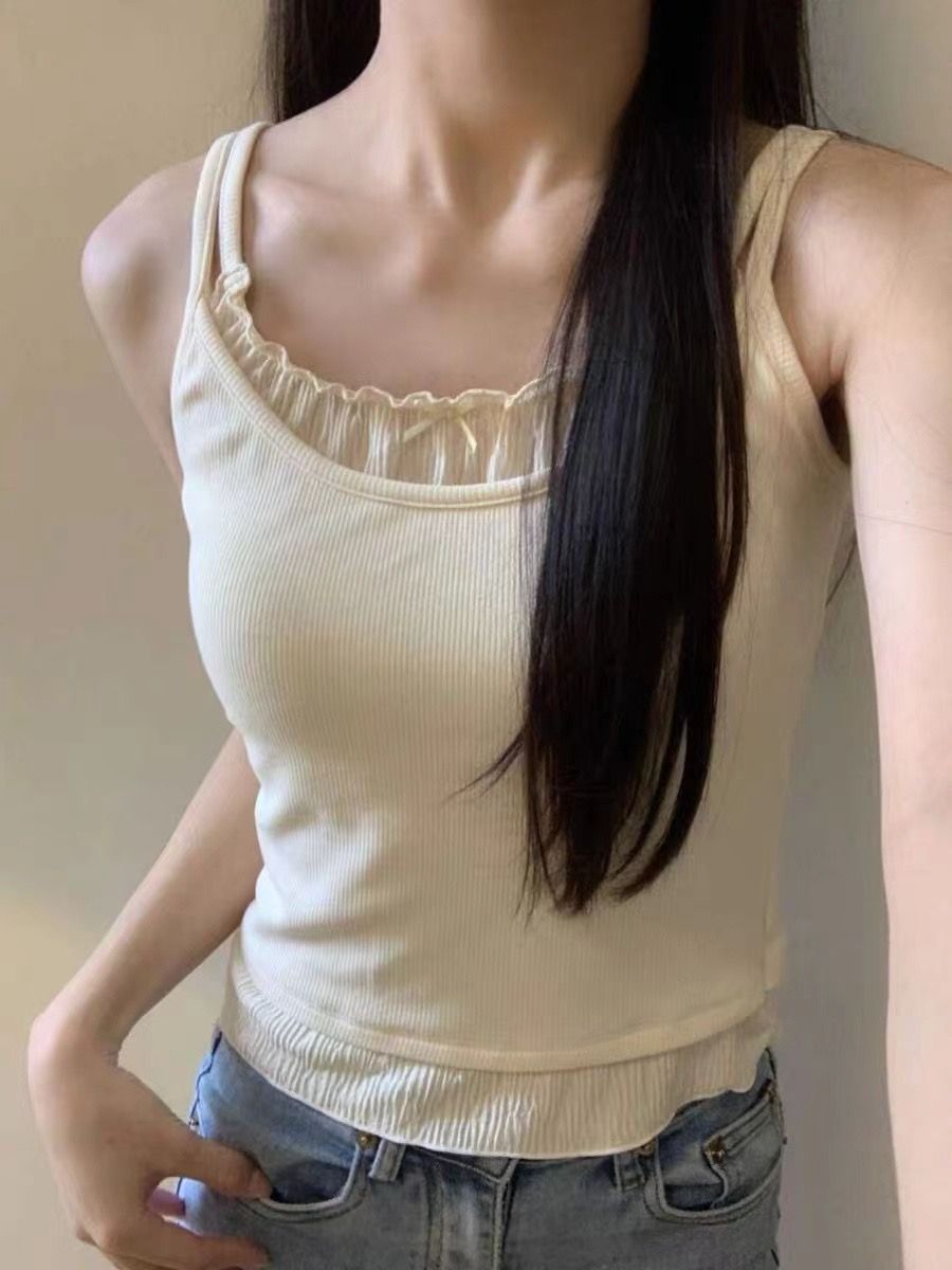 260克人棉 帶胸墊假兩件吊帶背心女修身顯瘦內搭打底