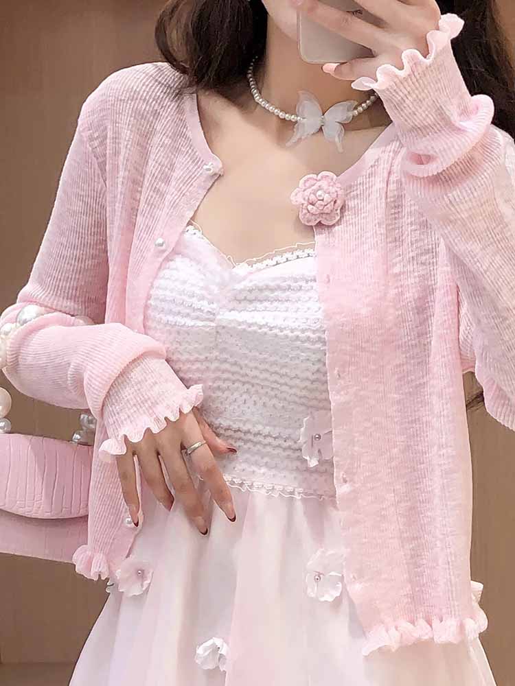 韓系甜美花朵別針薄款針織開衫2025春夏新款艾日秀百搭短上衣外套