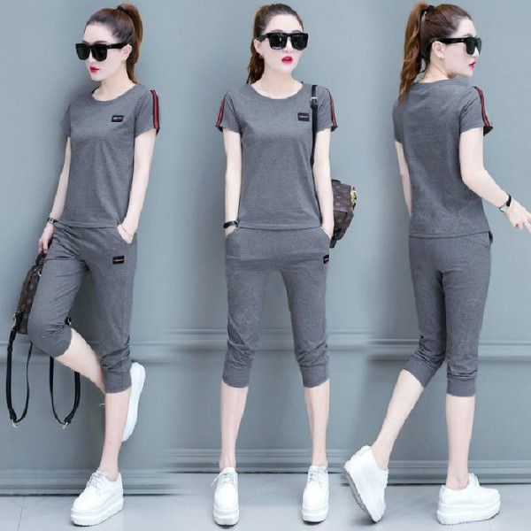 6535 Cotton 2025 Summer New Women's Sport Set Loose Short Sleeve Seven-Foot Pants Two-Piece Set