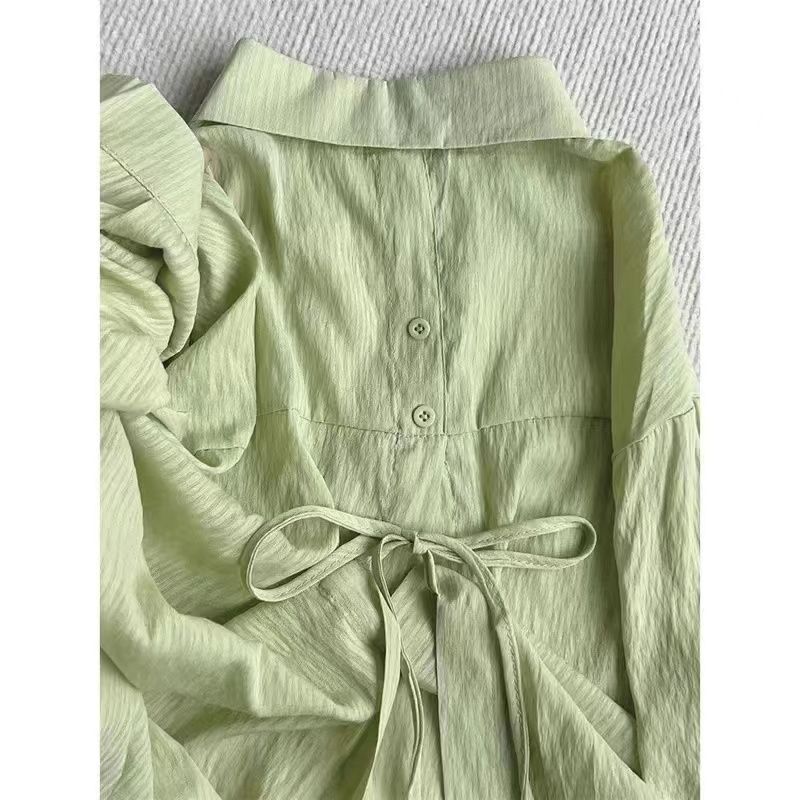 藍色冰絲防曬衣長袖襯衫女夏空調衫設計感系帶開衫襯衣