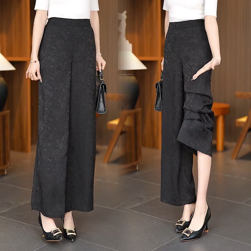 Retro satin dark pattern jacquard elastic casual pants for women summer high waist loose age-reducing slimming straight wide-leg pants for women