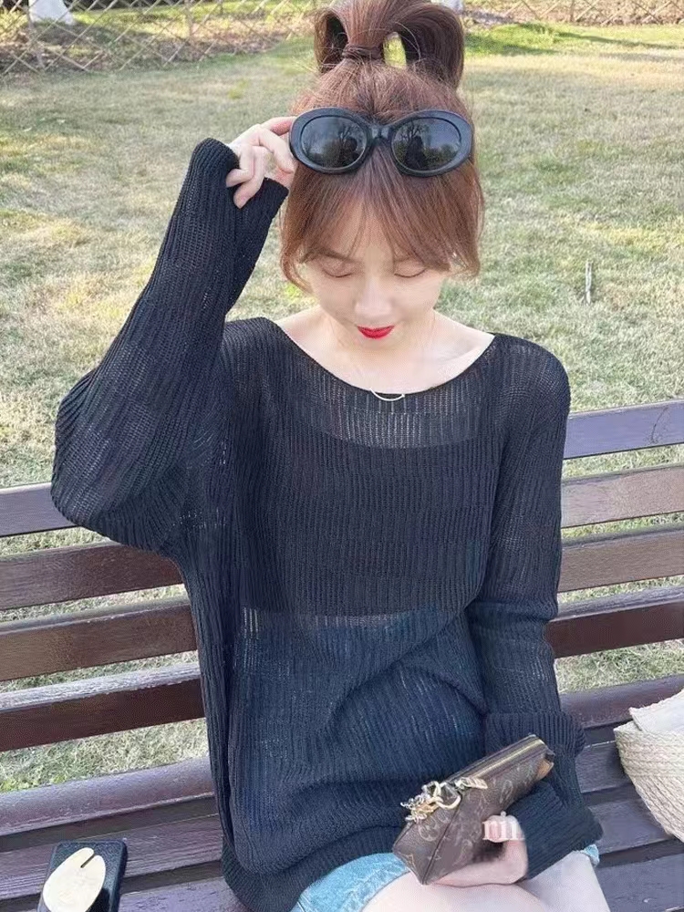 Pink ice silk sweater for women new hollow top thin breathable sunscreen shirt for women summer