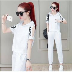 時尚寬鬆運動服套裝女2025夏裝新款連帽短袖長褲學生兩件套