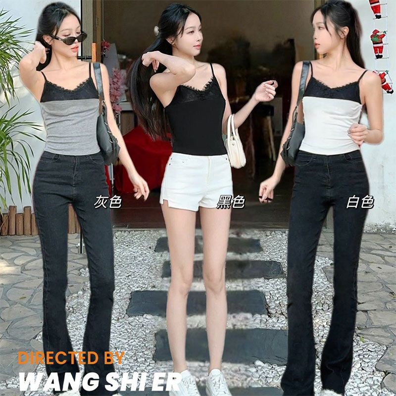 Pure lace design and hot girl contrasting color splicing vest with chest pad versatile suspender beautiful back top for women