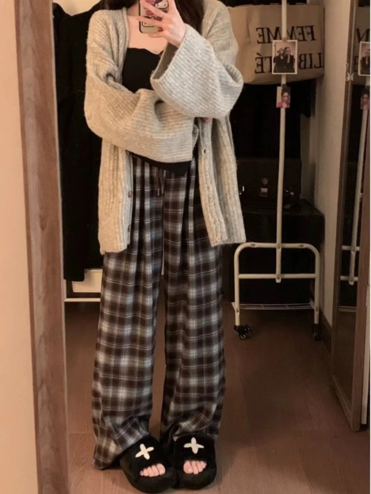 Original woven plaid lazy style retro plaid casual pants for women's spring and autumn wide-leg pants loose floor pants