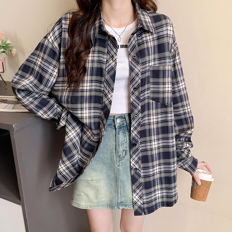 Real photos are specially designed for Hong Kong style retro loose lazy style versatile plaid POLO collar shirt for women