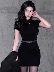 Women's elegant half-high neck black dress for women in spring 2025 new high-end style waist-hugging and slimming skirt