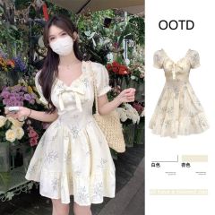 Summer French Tea Party Collar Bowknot Floral Print Dress for Women, Petite Size, Gentle and Chic Street Style Vacation Short Skirt