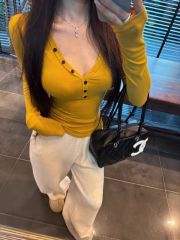 Threaded Derong 1x1 Sassy Retro Button-Down Half-Neck Long-Sleeve T-Shirt for Women | Sleek & Subtle Base Layer Top