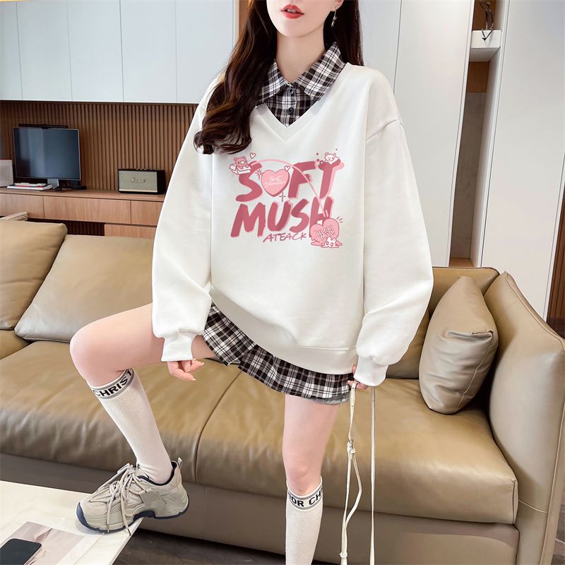 Real shot of 2025 spring and autumn back collar twill, thin top POLO collar plaid sweatshirt for women