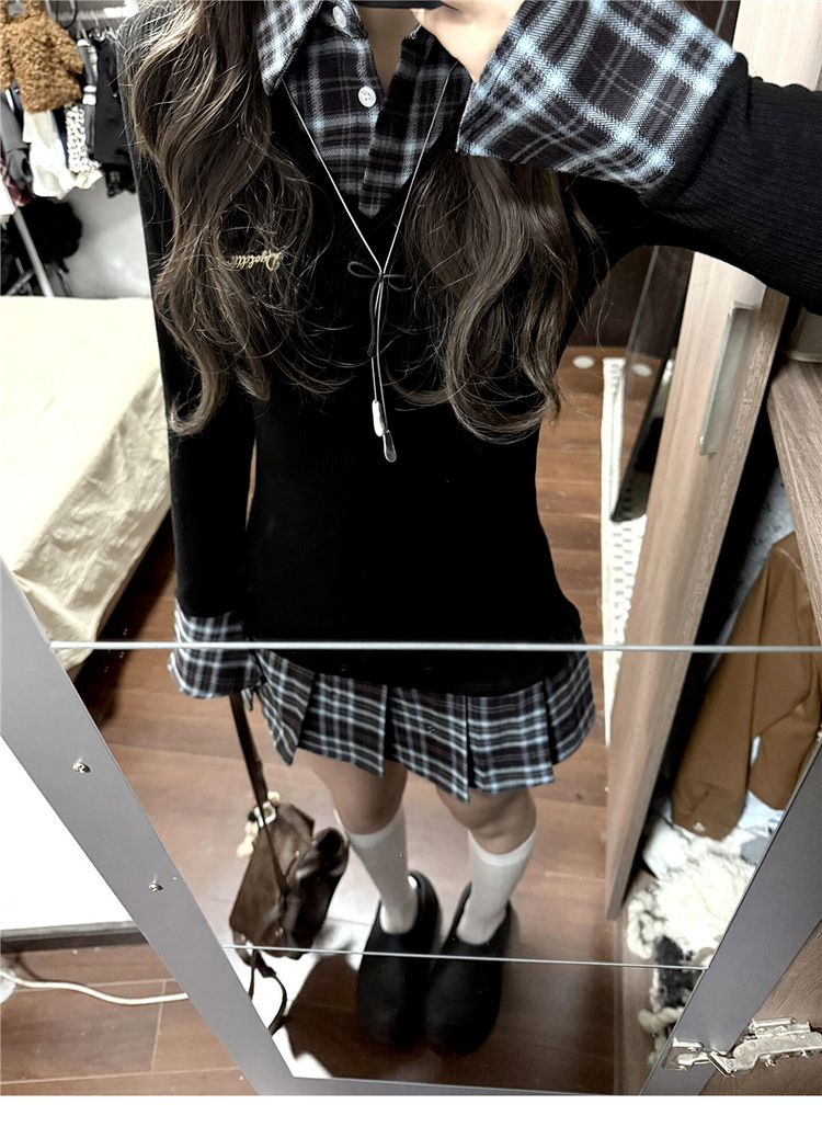 早春新款學院風假兩件格子襯衫連衣裙女裙修身長袖針織百褶短裙子