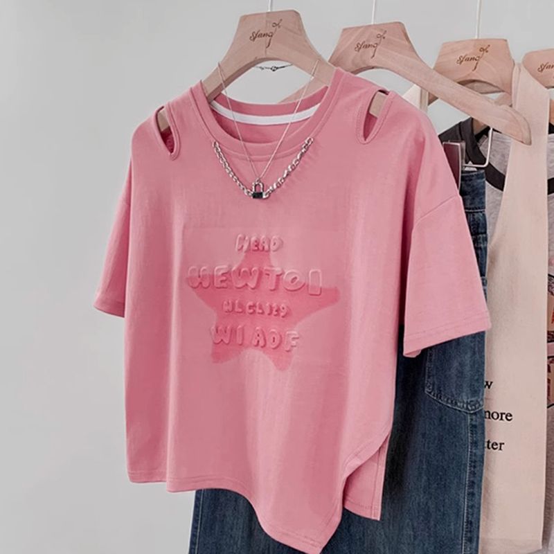 Pink irregular short-sleeved T-shirt for women in summer 2025 new American loose small top