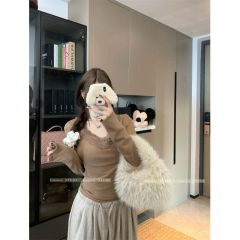 v領長袖T恤女秋季蕾絲拼接基礎款白色打底衫