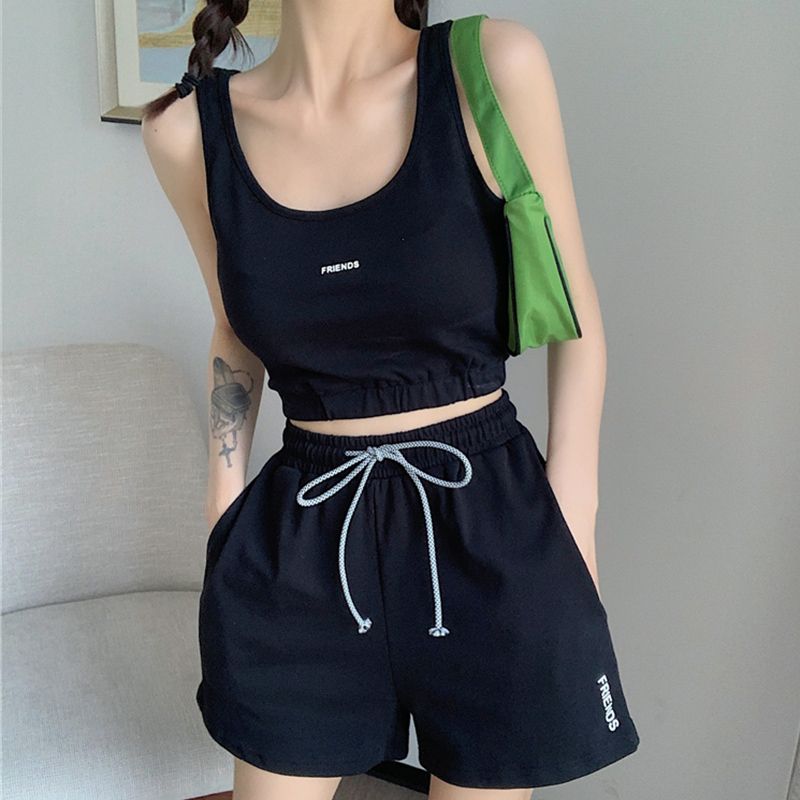 6535棉魚鱗 休閒瑜伽健身跑步運動套裝背心短款短褲兩件套女