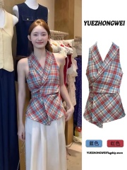 韓版別致掛脖露肩格子V領扭結收腰顯瘦無袖背心