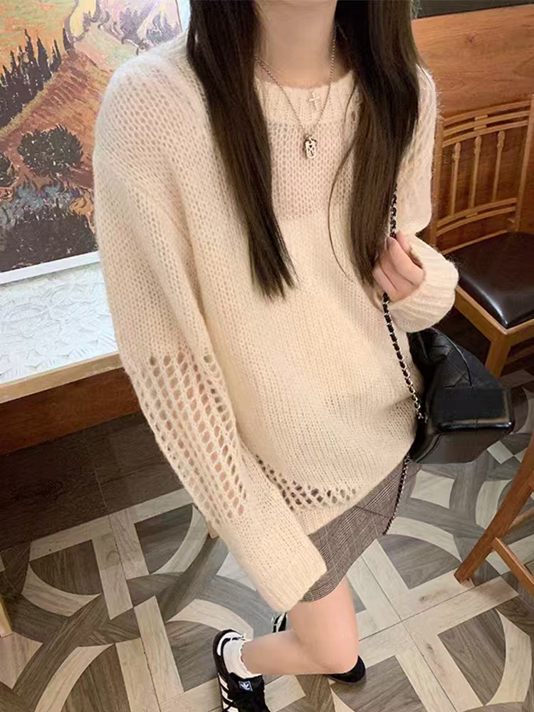 Mohair sweater women's pullover autumn design lazy style loose thin long-sleeved hollow sweater top