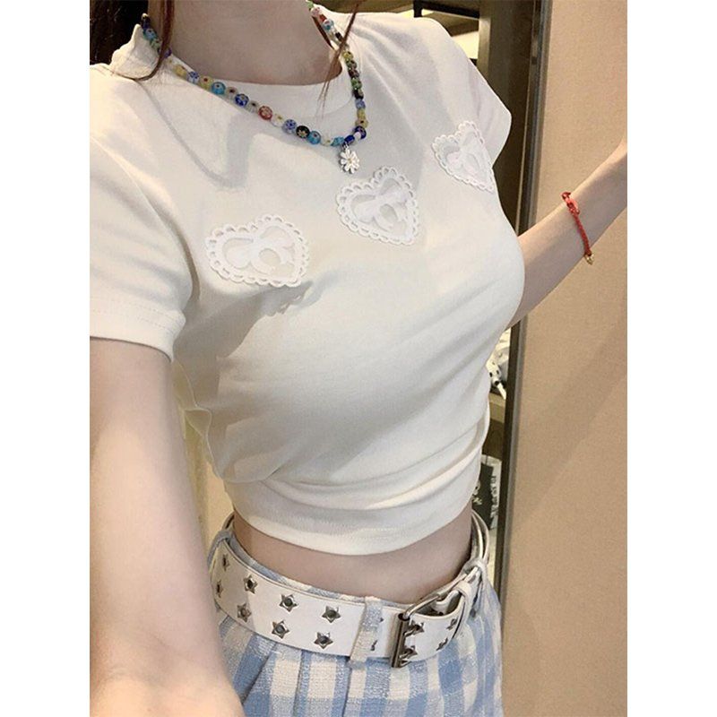 純棉美式辣妹蕾絲愛心正肩短款短袖t恤女修身設計感小眾顯瘦百搭