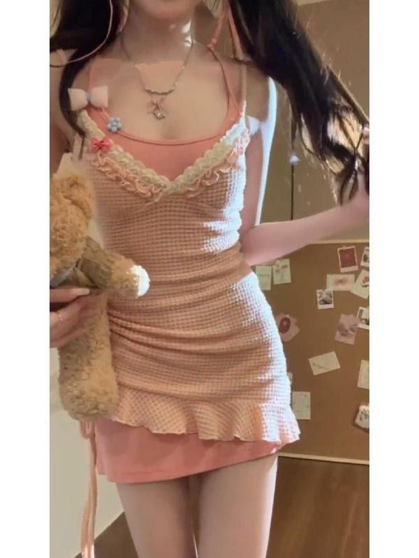 日系甜美純欲少女蕾絲花邊抽繩顯瘦不規則吊帶裙疊穿連衣裙女套裝