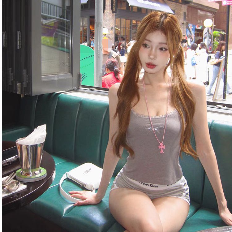 蕾絲花邊燙鑽吊帶背心女夏季甜辣妹緊身短款內搭小眾清純上衣外穿