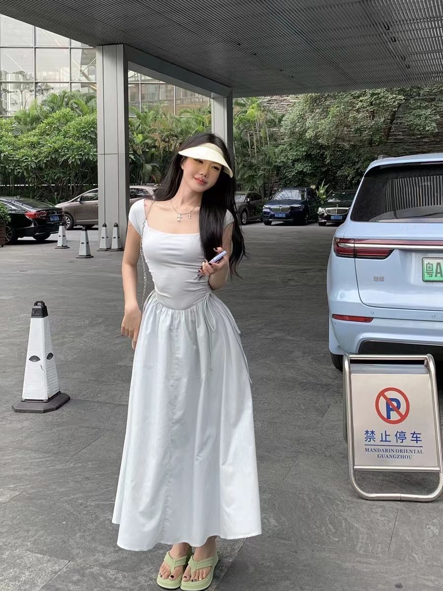 夏季小眾氣質設計方領短袖連衣裙新款抽繩韓版中長款裙子女小個子