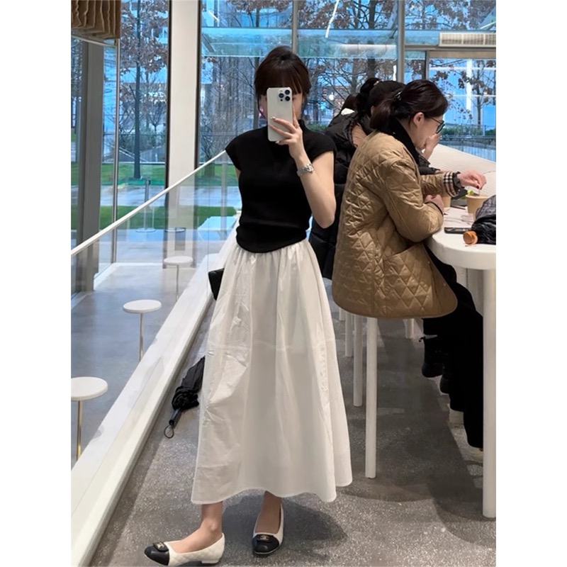 法式中長款氣質打底裙子女春秋小個子高腰顯瘦復古半身裙傘裙長裙