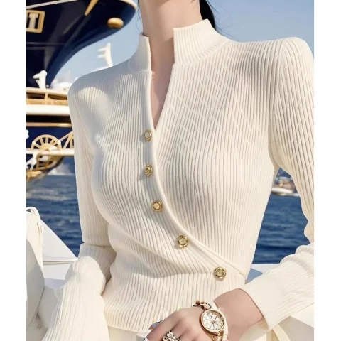 New style unique and slim white half turtleneck knitted base shirt for women's inner wear design top