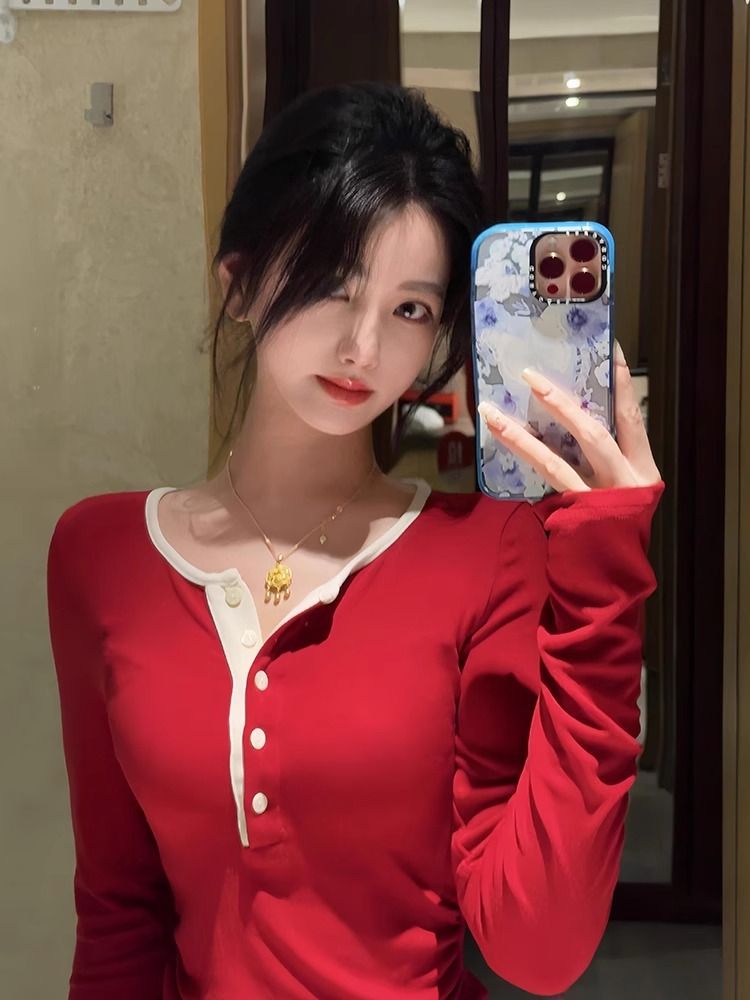 早春新年紅色假兩件長袖t恤女春季修身打底衫上衣