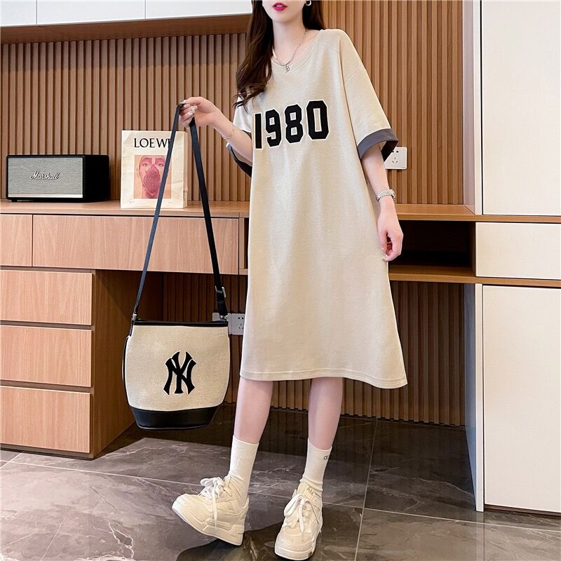 Pure cotton quality/ring-on-spin pure cotton/rear collar long over-knee embroidered short-sleeved T-shirt for women