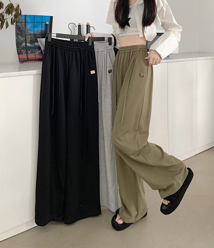 秋冬新款韓版設計感高腰寬鬆顯瘦垂墜感系帶拖地闊腿褲女時尚長褲