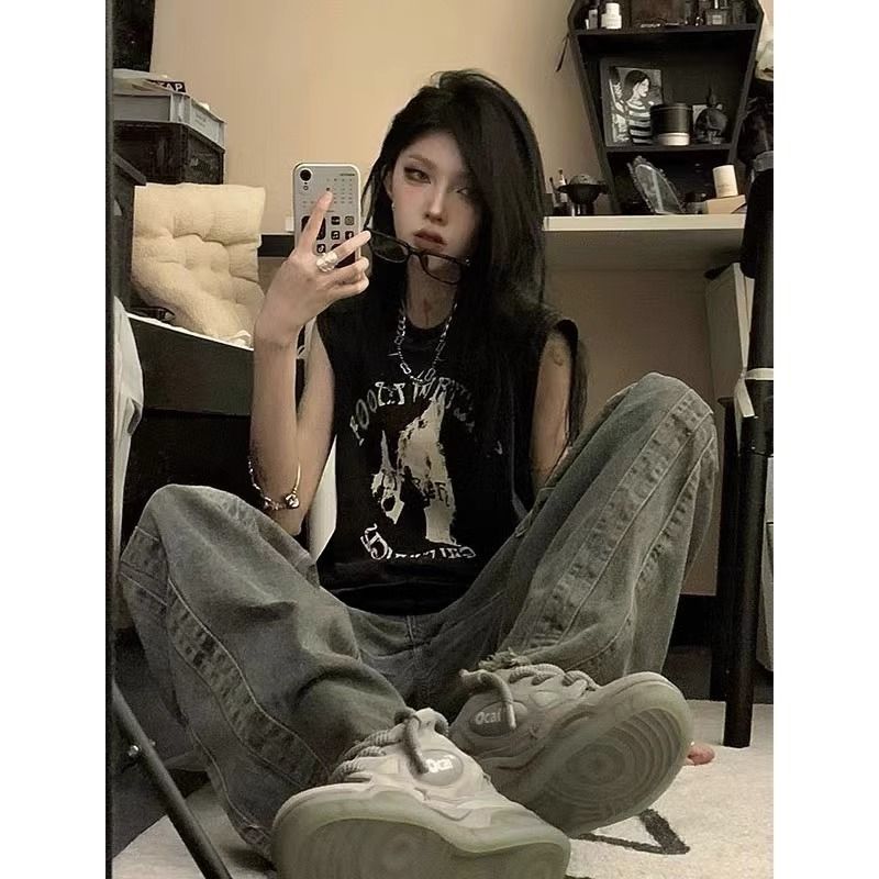 精梳純棉美式復古街頭hiphop潮牌無袖t恤女夏寬鬆休閒坎肩背心