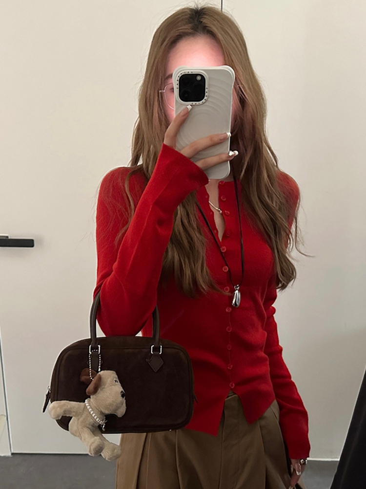韓系紅色針織開衫女早秋穿搭設計感圓領修身顯瘦收腰長袖內搭上衣