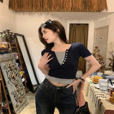螺紋 假兩件拼色短款上衣女正肩短袖小衫