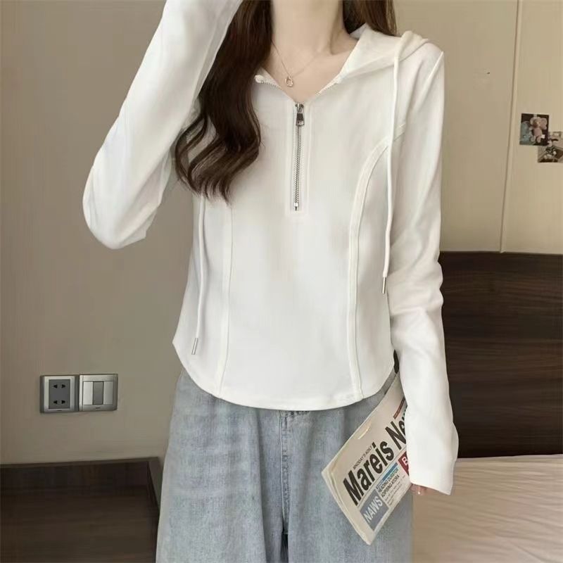 Devlin ribbed half-zipper hooded sweatshirt for women's spring and autumn large-size bottoming shirt fat girl belly cover top
