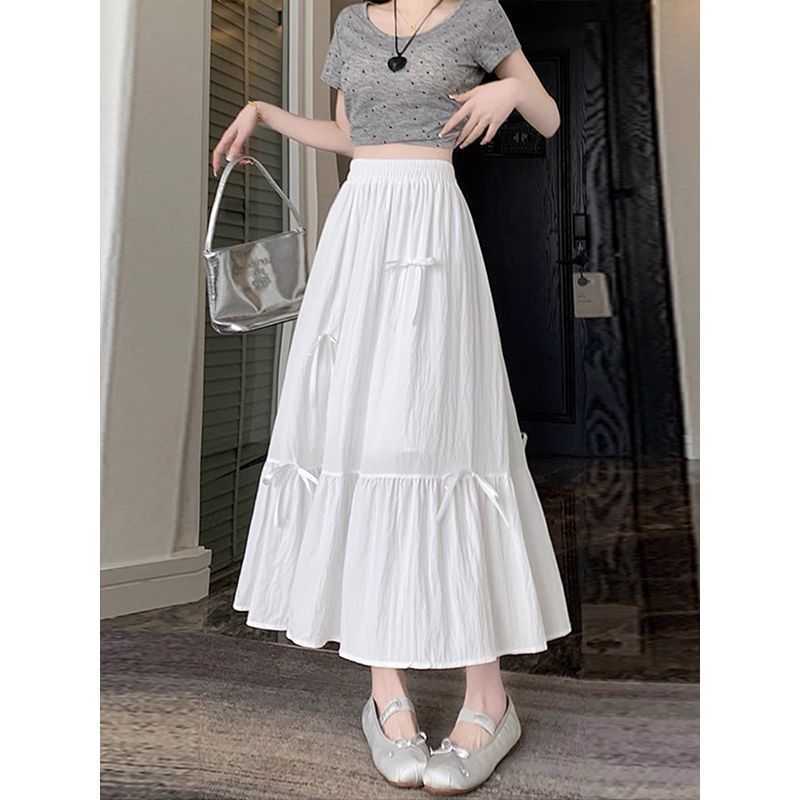 White skirt for women in summer new French bow puffy skirt a-line skirt high waist drooping umbrella skirt