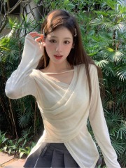 設計感小眾V領不規則交叉長袖T恤女夏季新款杏色修身防曬上衣