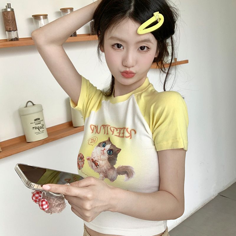 Pure cotton contrast color cute cat letter short-sleeved T-shirt for women in summer