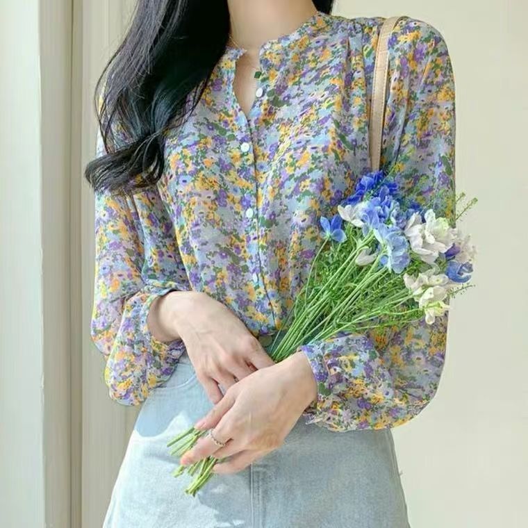 Floral chiffon women's top trendy 2025 spring new long-sleeved shirt, super fairy-like, fashionable, youthful, and elegant women's shirt