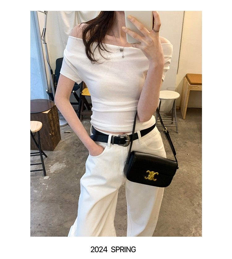 Korean style fashion neckline hot girl wearing short-sleeved T-shirt for women in 2025 new one-shoulder waist-hugging top