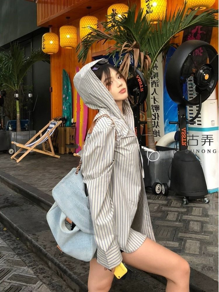 設計感小眾連帽條紋長袖襯衫春秋季新款韓系氣質中長款上衣