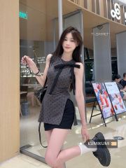 莫代爾人棉 法式氣質蝴蝶結無袖背心女夏不規則開叉波點上衣