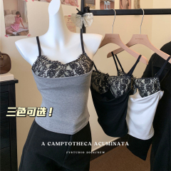 2025春季新款純欲性感風蕾絲拼接帶胸墊美背背心吊帶上衣