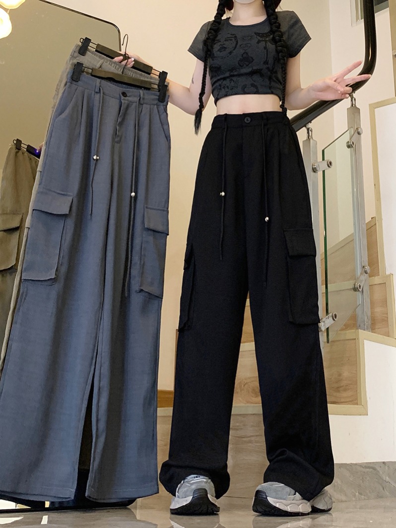 Real-life American overalls 2025 summer large-size women's casual pants straight-drum loose wide-leg pants