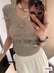 2025 spring and summer design sexy versatile knitted fresh sweet and spicy ins trendy chic bow age-reducing F top